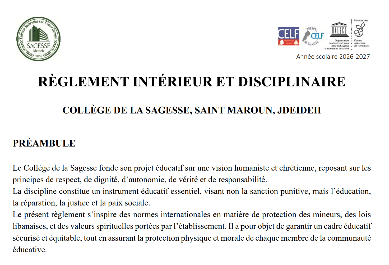 Couverture du règlement intérieur et disciplinaire 2026-2027